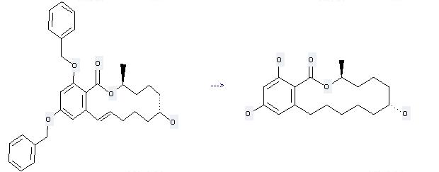 Zeranol can be prepared by (3S,7R)-14,16-di-O-benzyl-3,4,5,6,7,8,9,10-octahydro-7,14,16-trihydroxy-3-methyl-1H-2-benzoxacyclotetradecin-1-one